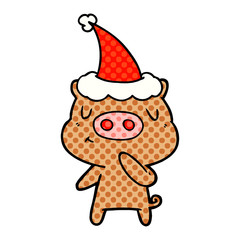comic book style illustration of a content pig wearing santa hat