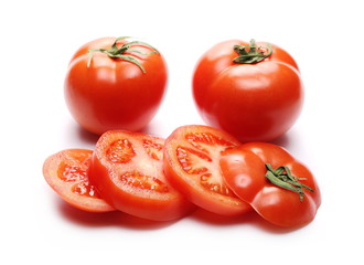 Fresh ripe, red tomato slices isolated on white background