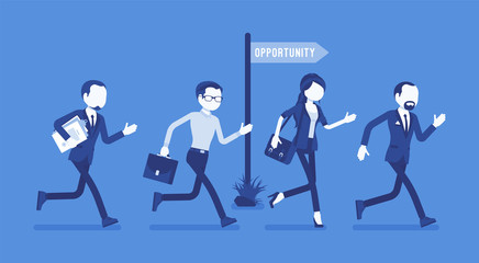 Obraz premium Opportunity, business people run for employment or promotion chance. Male and female managers get possibility, active employees see promising project. Vector illustration, faceless characters