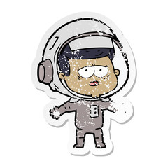 distressed sticker of a cartoon tired astronaut