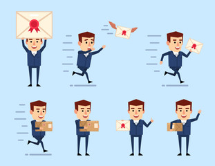 Set of businessman characters in blue suit posing with letter and parcel box. Cheerful man holding letter, package, running and showing other actions. Flat style vector illustration