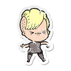 distressed sticker of a cartoon annoyed hipster girl