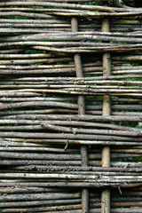 Wattle fence of dry twigs. Background wood