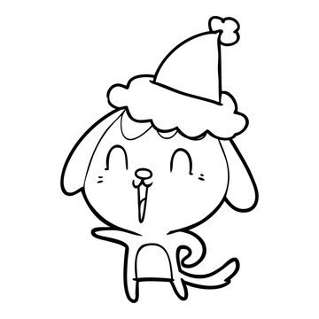 cute line drawing of a dog wearing santa hat