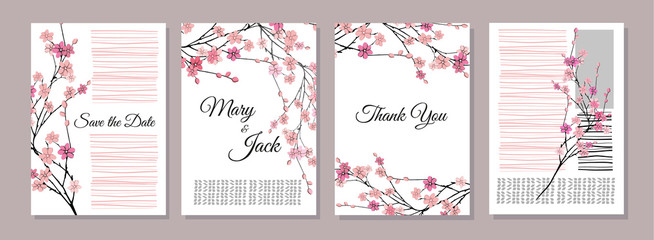 Set of cards with flowers, leaves. Vector illustration. Decorative invitation to the holiday. Wedding, birthday. Universal card. Pink flowers.