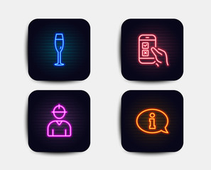 Neon glow lights. Set of Champagne glass, Engineer and Mobile survey icons. Information sign. Winery, Worker profile, Phone quiz test. Info center.  Neon icons. Glowing light banners. Vector