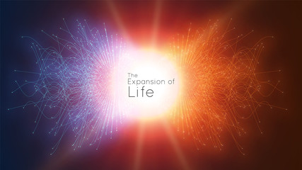 Colorful attraction of life. Vector connecting particle tails. Small particles strive to each other. Blurred debrises into rays or lines under high speed of motion. Burst, explosion backdrop.
