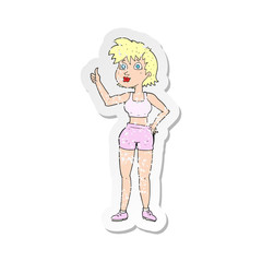 retro distressed sticker of a cartoon happy gym woman