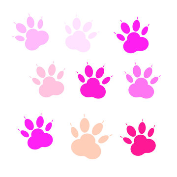 Set of pink icons of paw, cat's feet, dog's footprint. Vector icons isolated on white background.