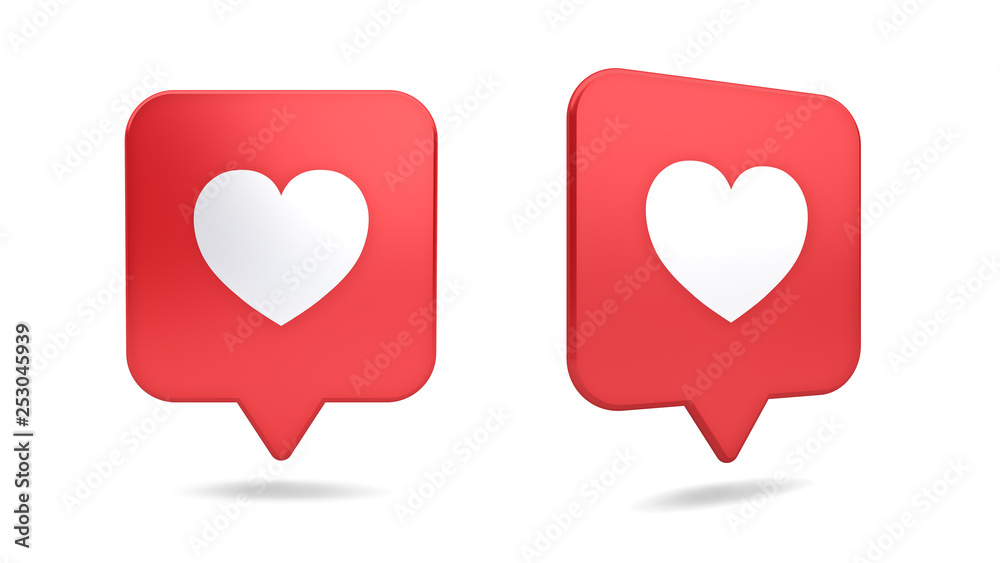 Poster 3d social media notification love like heart icon in red rounded square pin isolated on white background with shadow 3D rendering