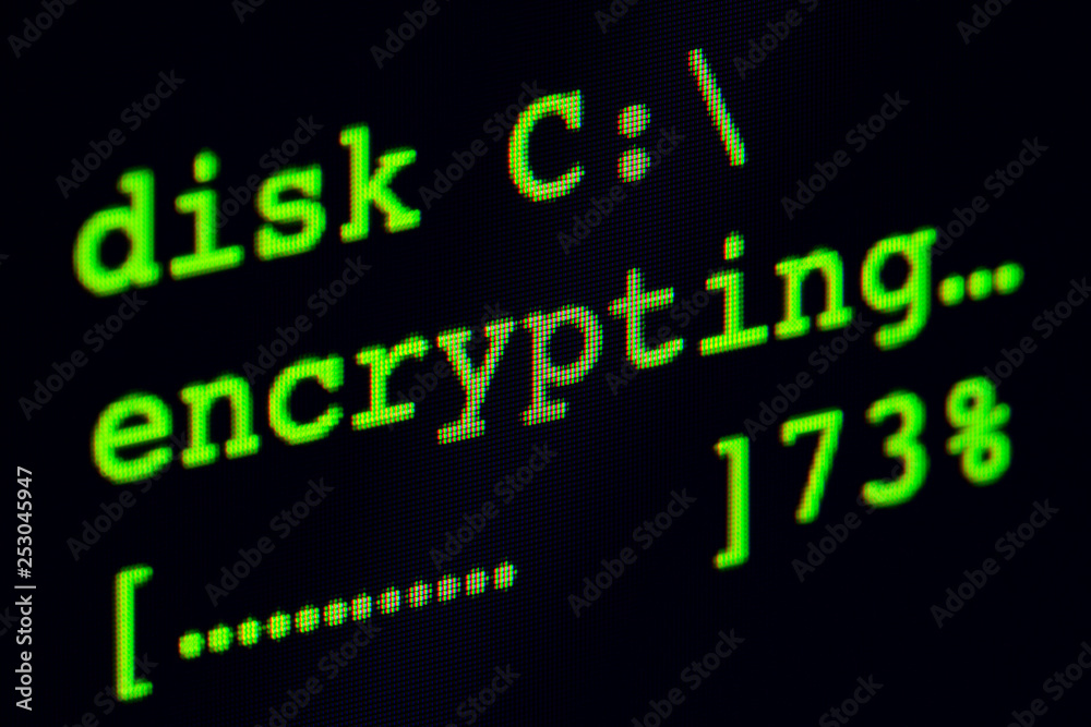 Poster computer screen with hard disk encryption in progress.