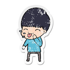 distressed sticker of a happy cartoon boy