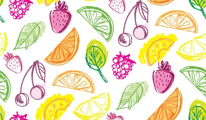 Fotobehang Hand drawn doodle fruit pattern background - smoothie fresh cocktail © jane55