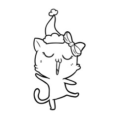 line drawing of a cat wearing santa hat