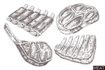 Meat products isolated on white background. Hand drawn food illustration. Sketch vintage objects for label, icon, packaging.
