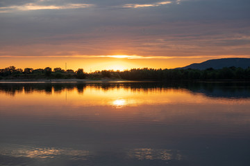 Sunset on a lake in Hohenrode in Germany