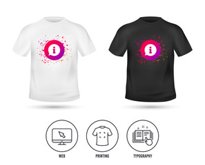 T-shirt mock up template. Information sign icon. Info speech bubble symbol. Realistic shirt mockup design. Printing, typography icon. Vector