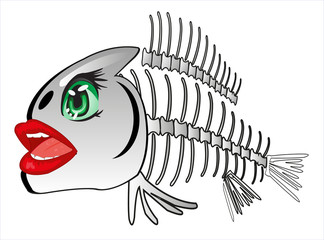 Vector illustration fish skeleton with eye and lip cartoon