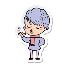 sticker of a cartoon woman with eyes shut