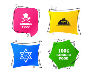 Kosher food product icons. Chef hat with fork and spoon sign. Star of David. Natural food symbols. Geometric colorful tags. Banners with flat icons. Trendy design. Vector