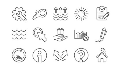 Waves, Whistle and Global warming line icons. Signature, Analytics and Question mark. Linear icon set.  Vector