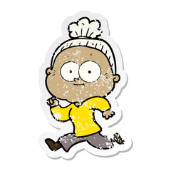 distressed sticker of a cartoon happy old woman