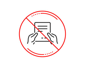 No or stop sign. Hold Document line icon. Agreement Text File sign. Contract with signature symbol. Caution prohibited ban stop symbol. No  icon design.  Vector