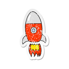 retro distressed sticker of a cartoon flying rocket