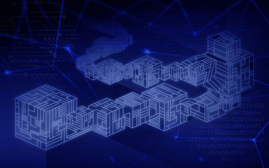The image illustrates blockchain - the series of data blocks. Dark colors background.