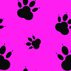 Paw pattern, seamless vector pattern silhouettes of paw, cat's feet, dog's footprint. Black on pink background