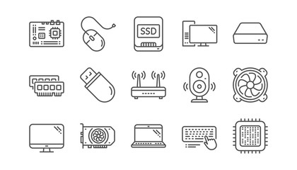 Computer device line icons. Motherboard, CPU and Laptop. SSD memory linear icon set.  Vector