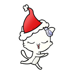 gradient cartoon of a cat with bow on head wearing santa hat