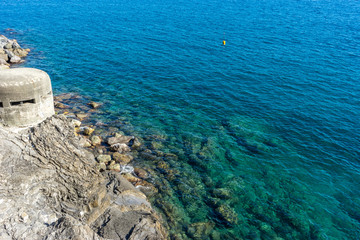 Italy, Cinque Terre, Monterosso, a close up of a rock next to a body of water