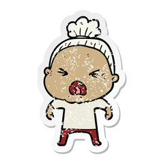 distressed sticker of a cartoon angry old woman