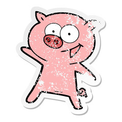 distressed sticker of a cheerful dancing pig cartoon