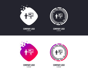 Fototapeta na wymiar Logotype concept. Presentation sign icon. Man standing with pointer. Scheme and Diagram symbol. Logo design. Colorful buttons with icons. Vector