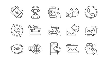 Processing line icons. Call center, Support and Chat message. 24 hour service linear icon set Vector