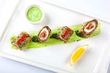 Pancakes with cheese Red fish and caviar