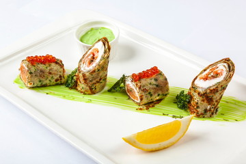 Pancakes with cheese Red fish and caviar