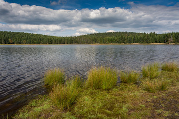 Daily landscape at dam in the mountain. The tuft of grass in the foreground. Blue sky with clouds is mirroring into water surface.