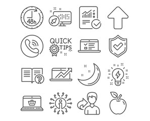 Set of 48 hours, Inspiration and Upload icons. Web lectures, Sales diagram and Help signs. Checked calculation, Quick tips and Online shopping symbols. Delivery service, Creativity, Load arrowhead