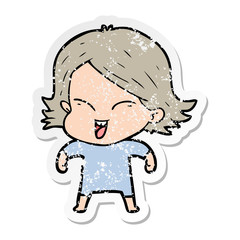 distressed sticker of a happy cartoon girl