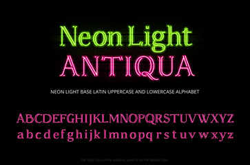 Neon tube alphabet typeface. Neon color light serif letters. Base latin uppercase and lowercase type set. full english ABC.