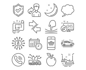 Set of Synchronize, Comic message and Bumper cars icons. Architectural plan, Elastic and Calendar signs. Truck delivery, Car and Smartphone buying symbols. Vector