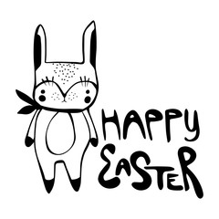 Cute vector character of black and white rabbit with lettering Happy Easter. Illustration for t-shirt print, card or poster. Isolated bunny portrait. Cartoon animal. Holiday concept