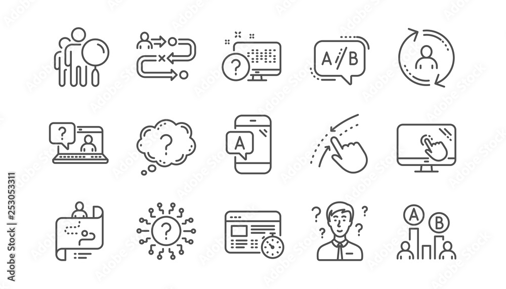 Poster ux line icons. ab testing, journey path map and question mark. quiz test linear icon set. vector