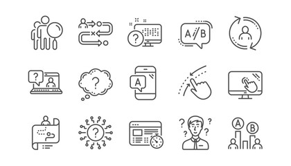 UX line icons. AB testing, Journey path map and Question mark. Quiz test linear icon set. Vector