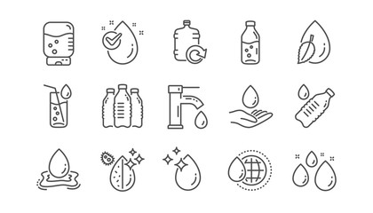 Water drop line icons. Bottle, Antibacterial filter and Tap water. Clean water linear icon set.  Vector