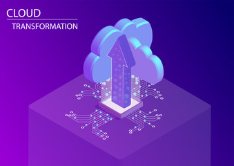 Cloud transformation and digitisation concept. 3d isometric vector illustration with floating arrow and cloud symbols