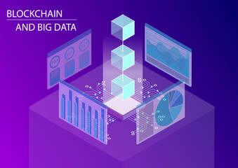 Blockchain and big data concept. 3d isometric vector illustration with floating blocks including monitoring dashboards